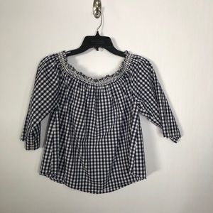 Madewell Navy Blue Gingham Off the Shoulder Top